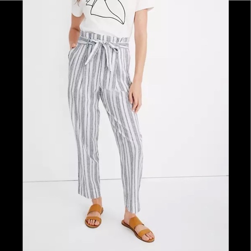 Madewell linen cotton paper bag pants in dark baltic stripe size 10